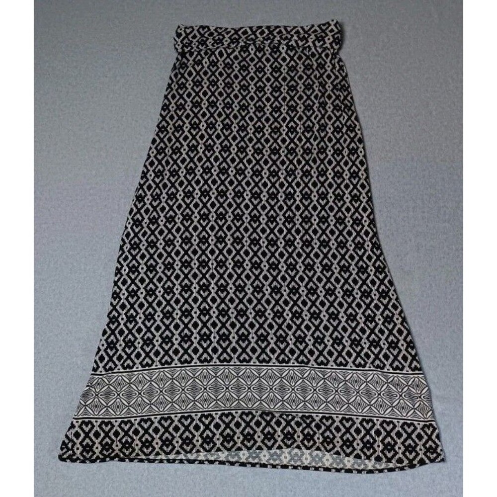 Max Studio Foldover Waist Maxi Skirt M Black White Geometric Ikat Boho Diamond